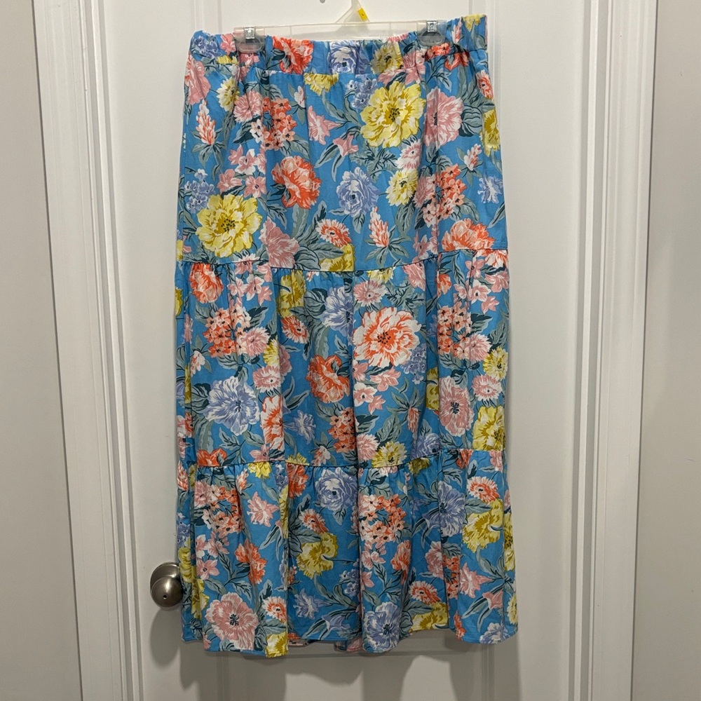 Blue Floral Tiered Midi Skirt